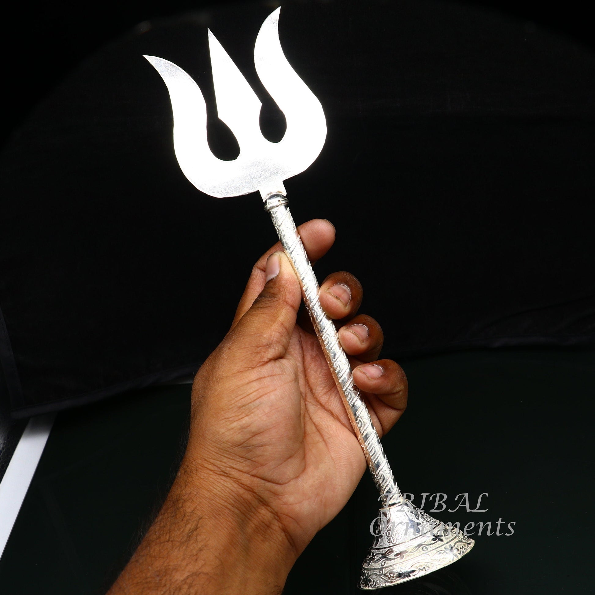 10.5" 925 sterling silver customized lord Shiva trident with small Damaru, silver article, silver temple accessories, shiva trishul su855 - TRIBAL ORNAMENTS