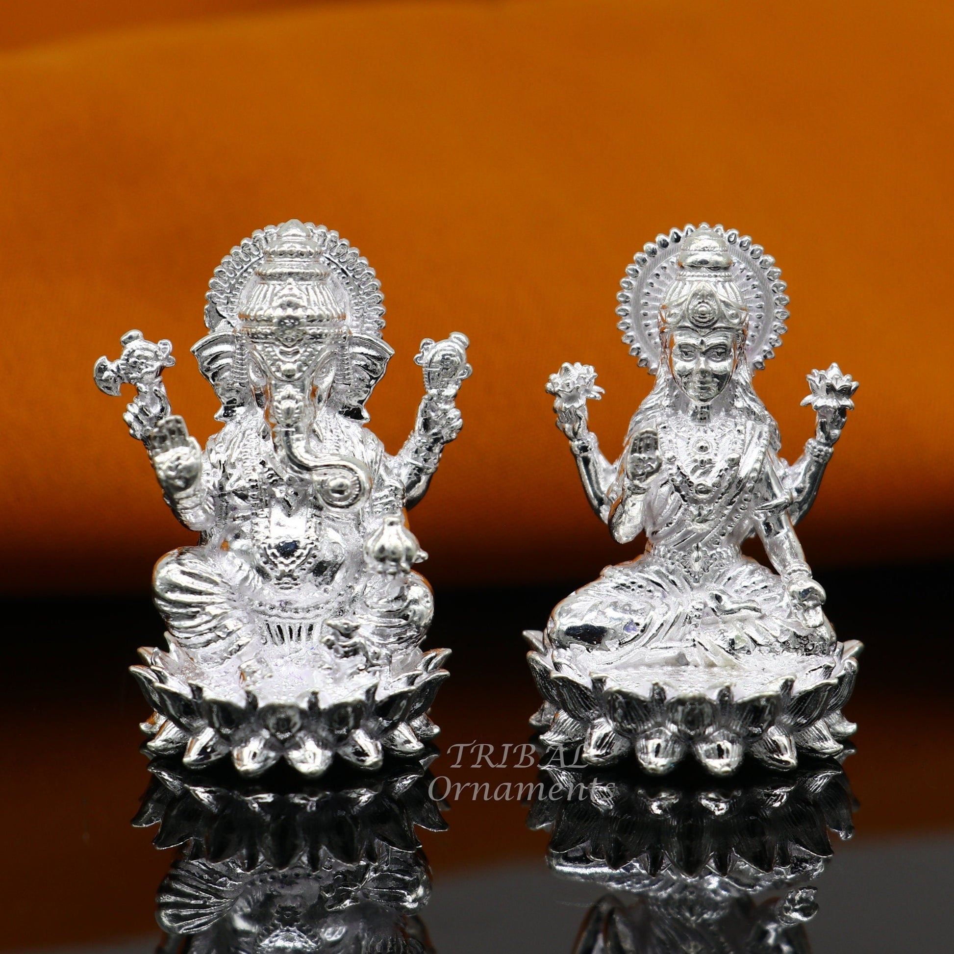 1.5" 925 Sterling silver handmade gorgeous Hindu idols Laxmi and Ganesha statue, puja article figurine, home décor Diwali puja gift art557 - TRIBAL ORNAMENTS