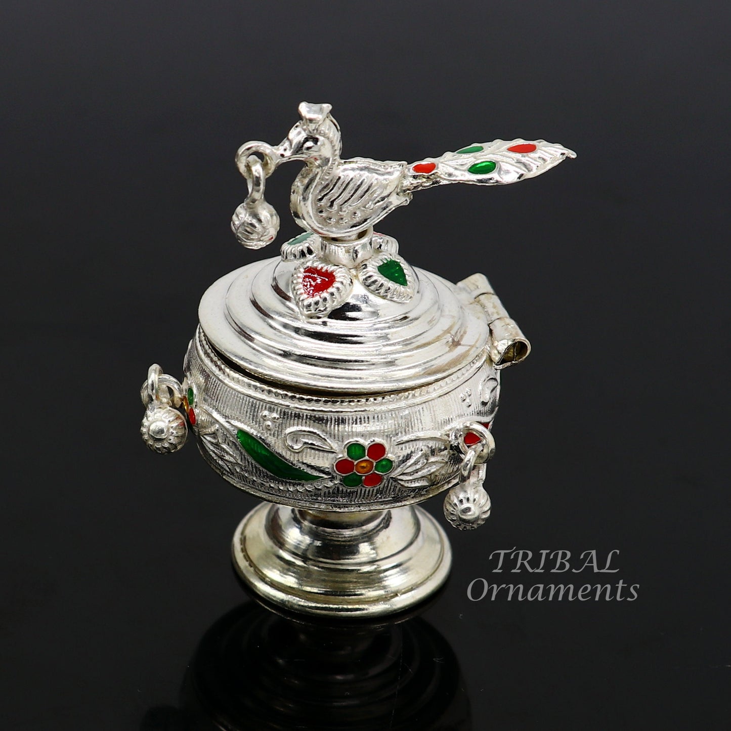 925 sterling silver vintage peacock design handmade brides eyes kajal box, surma box, kumkum sindur box, small trinket box article stb396 - TRIBAL ORNAMENTS