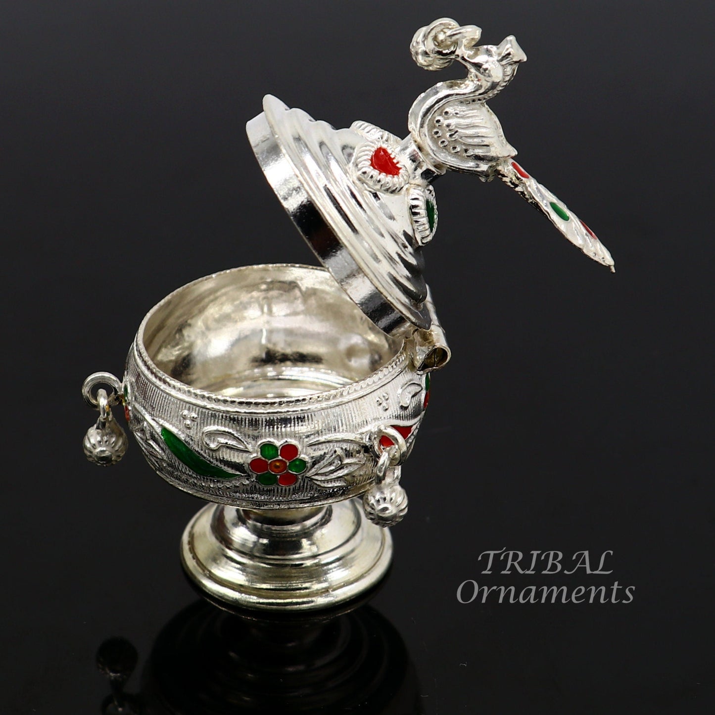 925 sterling silver vintage peacock design handmade brides eyes kajal box, surma box, kumkum sindur box, small trinket box article stb396 - TRIBAL ORNAMENTS