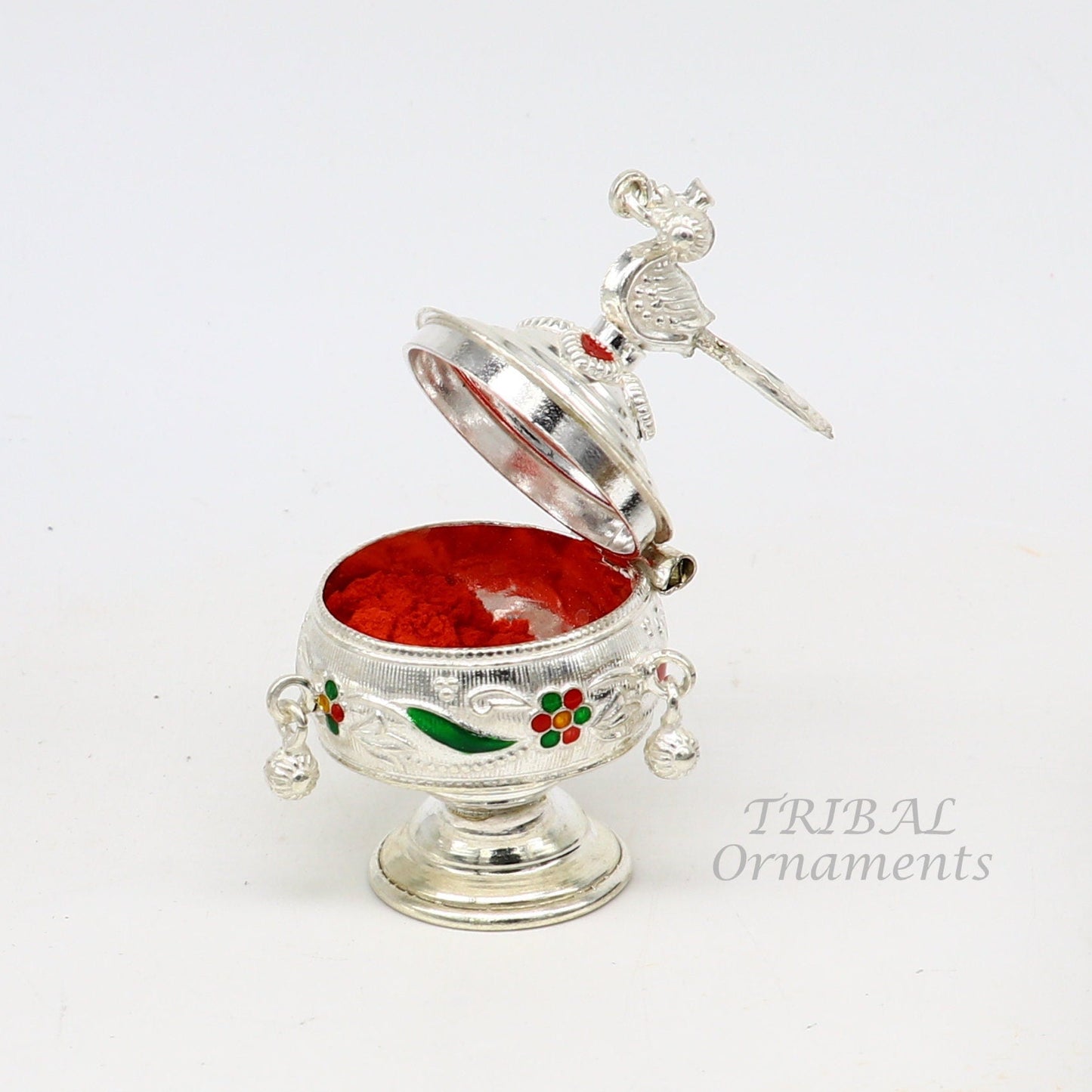 925 sterling silver vintage peacock design handmade brides eyes kajal box, surma box, kumkum sindur box, small trinket box article stb396 - TRIBAL ORNAMENTS