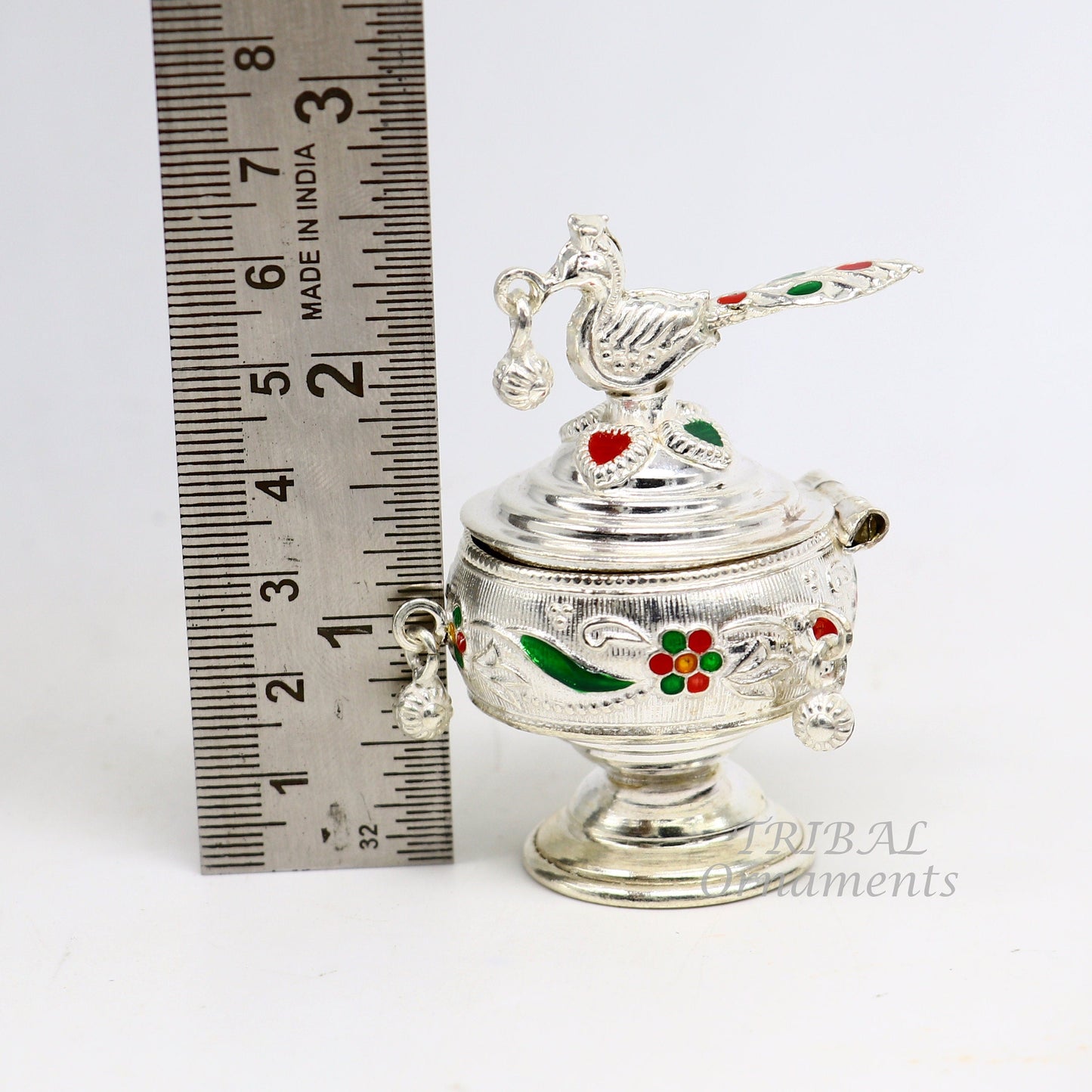 925 sterling silver vintage peacock design handmade brides eyes kajal box, surma box, kumkum sindur box, small trinket box article stb396 - TRIBAL ORNAMENTS