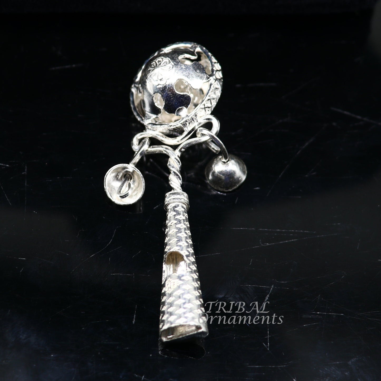 Solid sterling silver handmade design new born baby gifting bells toy, baby krishna gifting toy, silver whistle, silver temple article su899 - TRIBAL ORNAMENTS