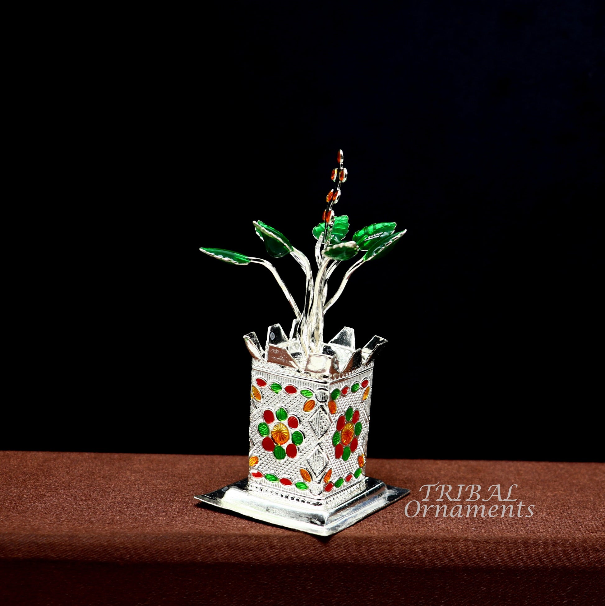 925 sterling silver handmade small tulsi plant basil rosary plant, puja temple article, excellent customized silver utensils article su924 - TRIBAL ORNAMENTS