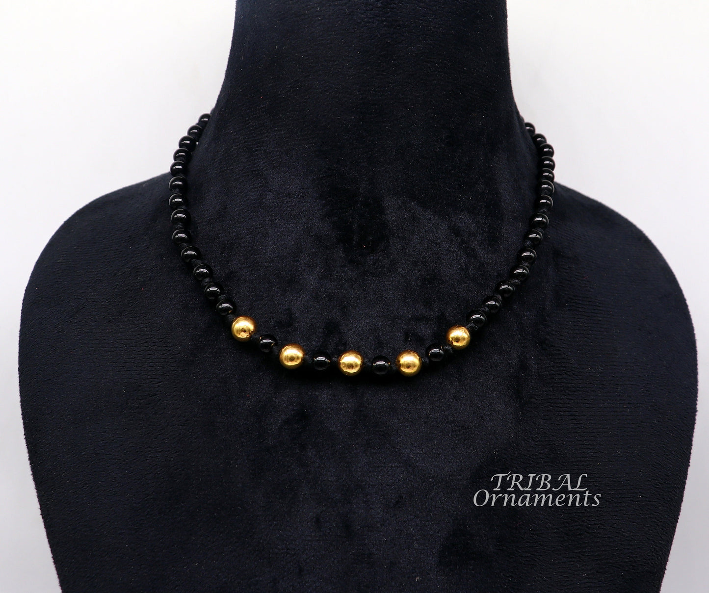 22kt yellow gold handmade wax beads and black beaded adjustable necklace, amazing single line choker for brides or girl's set91 - TRIBAL ORNAMENTS