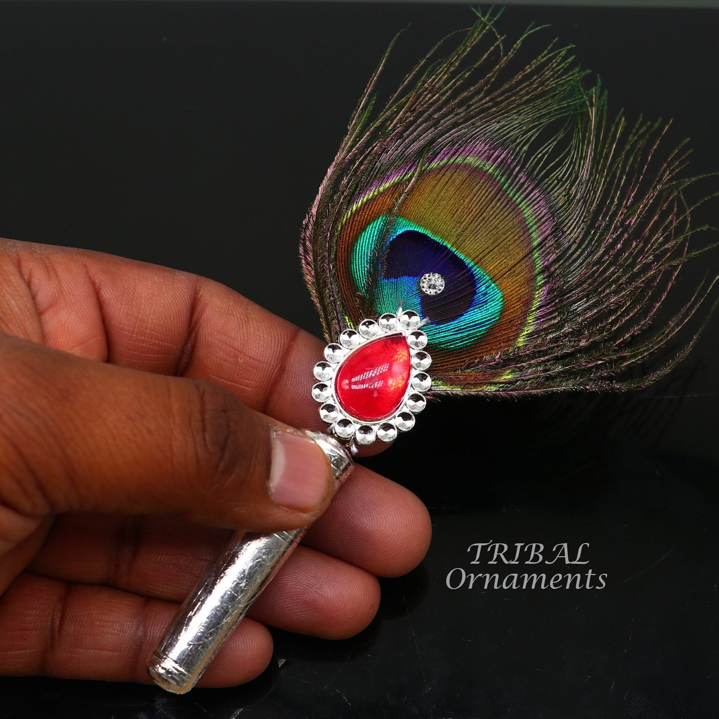 Vintage style handmade Wooden base silver Morchhadi, with peacock feather, best lord krishna laddu gopala silver pankhi silver fan su905 - TRIBAL ORNAMENTS