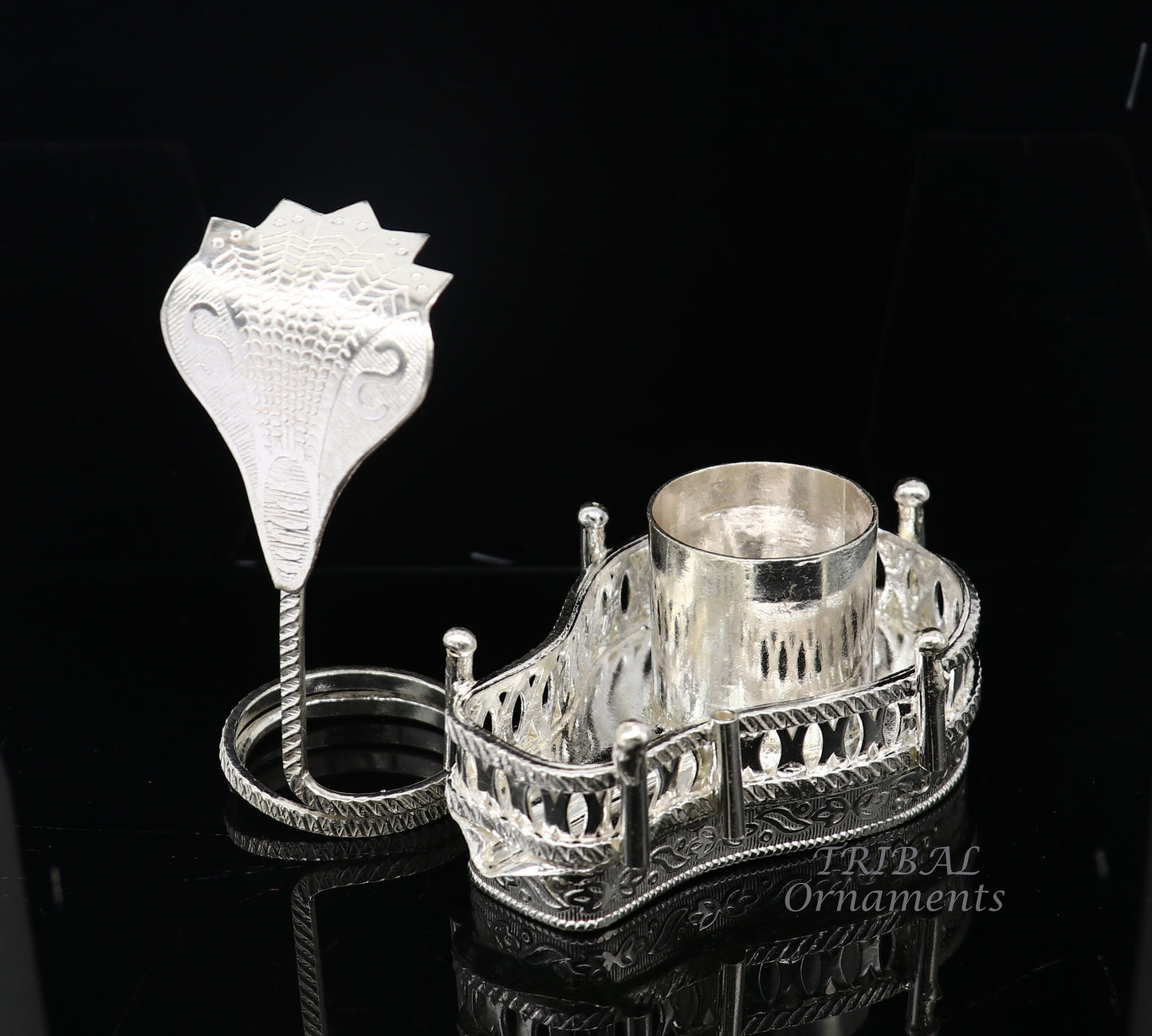 925 sterling silver handmade lord Shiva lingam stand/JAlheri with Panchmukhi snake (sheshnag) and trident Mahakal lingam stand su940 - TRIBAL ORNAMENTS