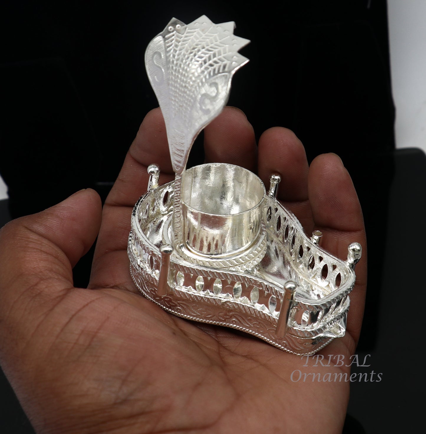 925 sterling silver handmade lord Shiva lingam stand/JAlheri with Panchmukhi snake (sheshnag) and trident Mahakal lingam stand su940 - TRIBAL ORNAMENTS
