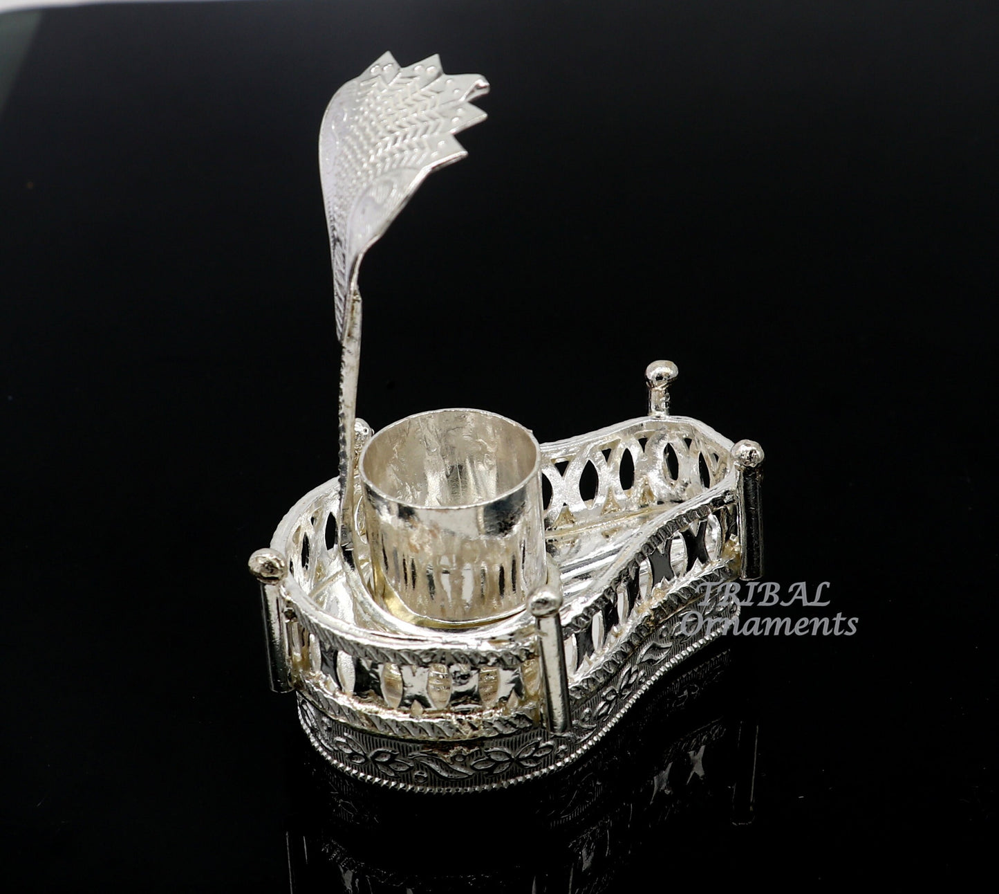 925 sterling silver handmade lord Shiva lingam stand/JAlheri with Panchmukhi snake (sheshnag) and trident Mahakal lingam stand su941 - TRIBAL ORNAMENTS