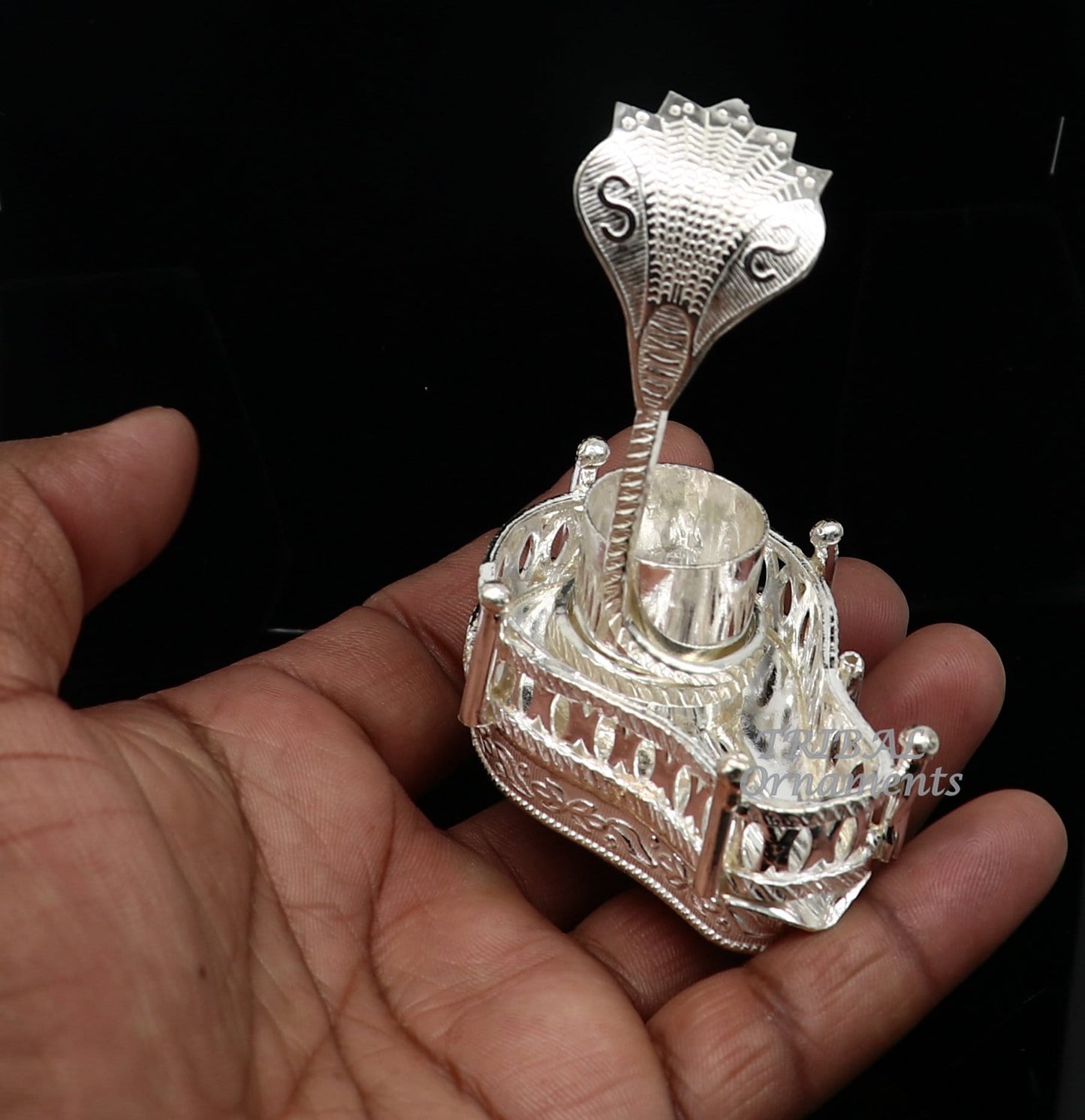 925 sterling silver handmade lord Shiva lingam stand/JAlheri with Panchmukhi snake (sheshnag) and trident Mahakal lingam stand su941 - TRIBAL ORNAMENTS