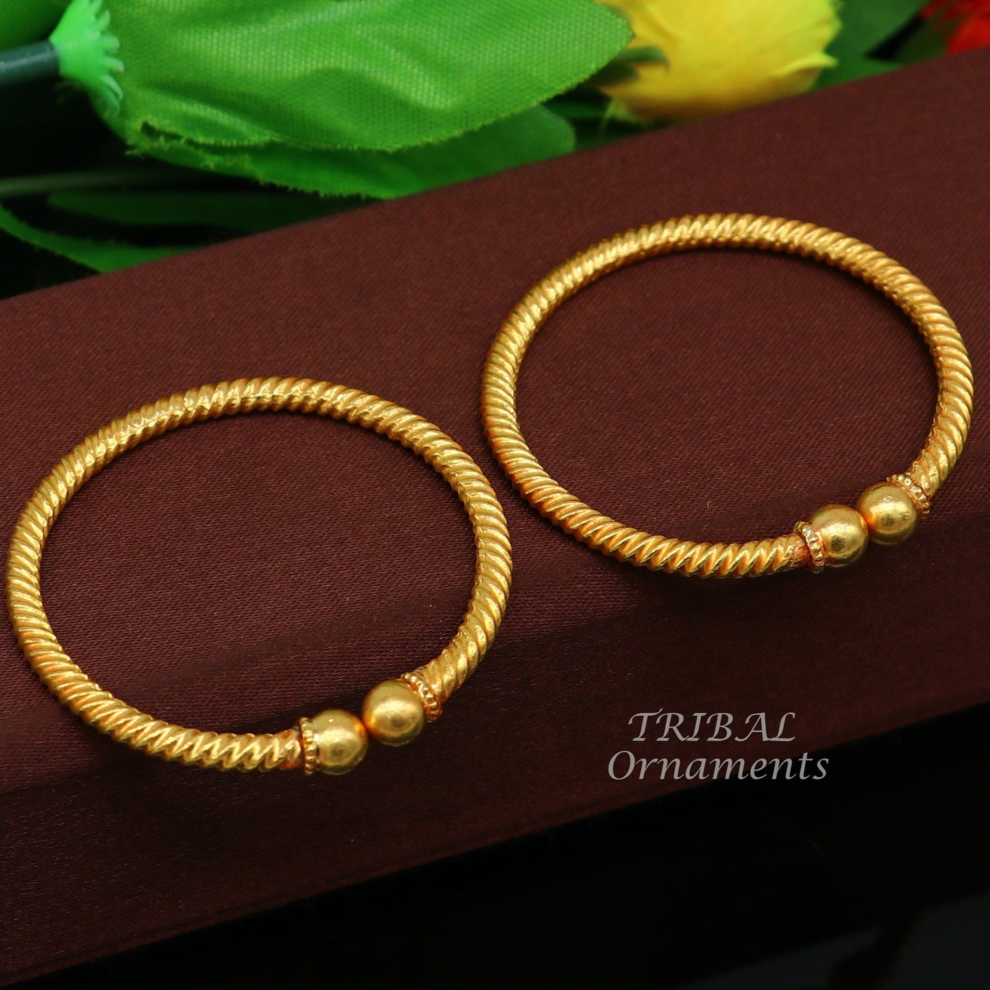 22k yellow gold handmade fabulous vintage ball face design baby bangle pair kada certified hallmarked jewelry for baby or kids gk03 - TRIBAL ORNAMENTS