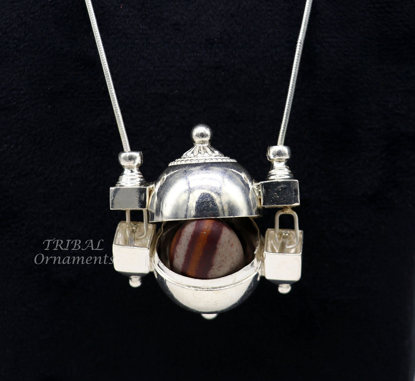 Unique handmade solid sterling silver chain and Shiva lingam box, box pendant necklace set, container pendant tribal jewelry India set491 - TRIBAL ORNAMENTS