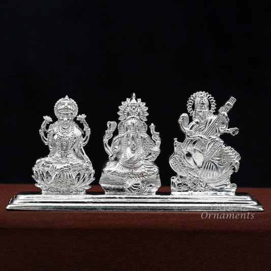 Solid Sterling silver handmade Hindu idols Laxmi,Ganesha and Saraswati statue, puja article figurine, home décor Diwali puja gift ART562 - TRIBAL ORNAMENTS