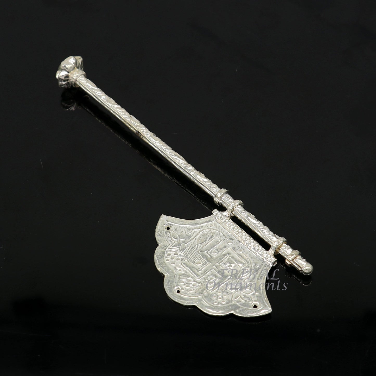 Sterling silver pankhi, floral design small fan or pankhi for god puja, best gifting to laddu gopala krishna, silver hand driven fan su963 - TRIBAL ORNAMENTS