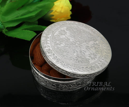 3" Vintage antique design 925 silver handmade trinket box, brides powder box or dry fruit box for royal luxury gifting ideas  stb405 - TRIBAL ORNAMENTS