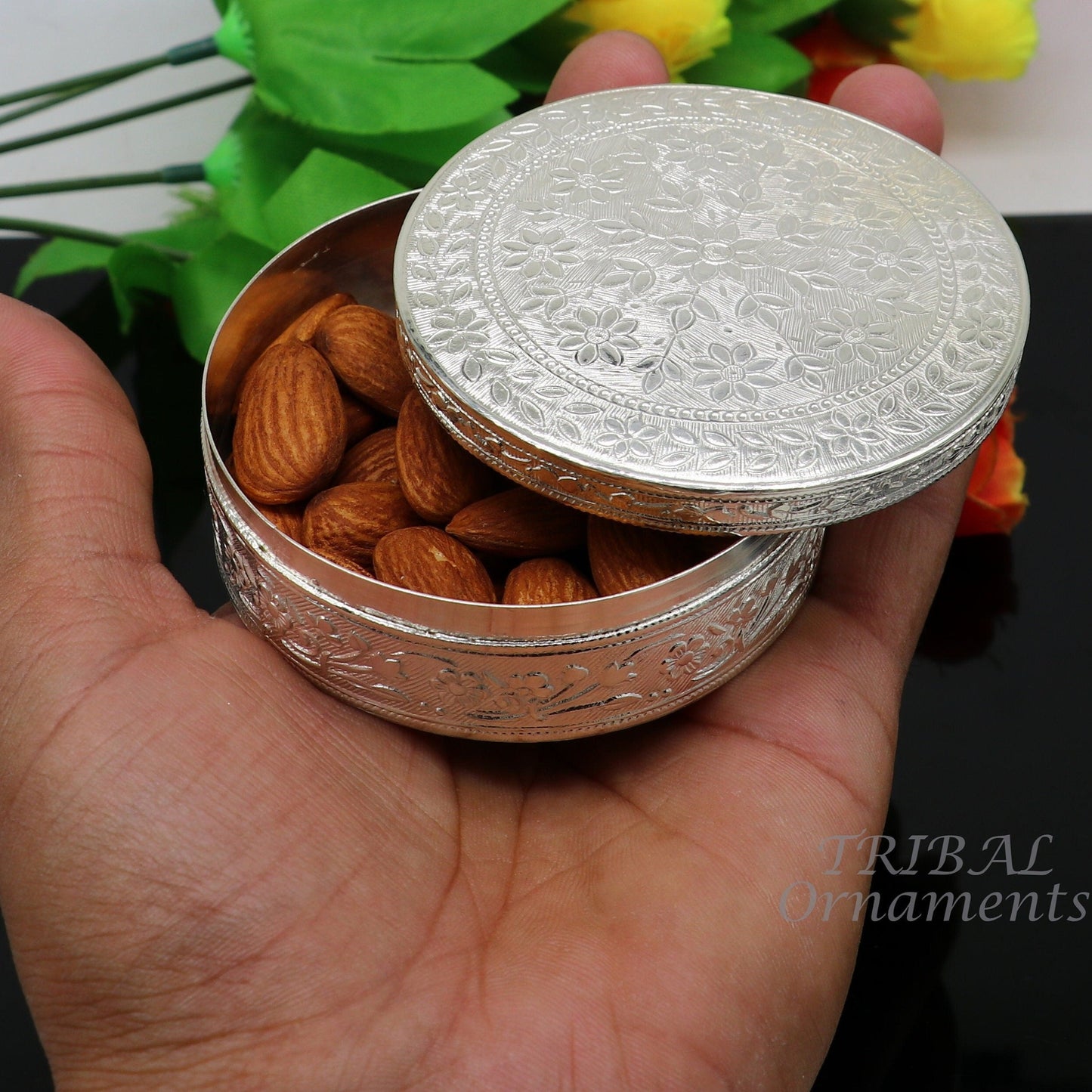 3" Vintage antique design 925 silver handmade trinket box, brides powder box or dry fruit box for royal luxury gifting ideas stb405 - TRIBAL ORNAMENTS