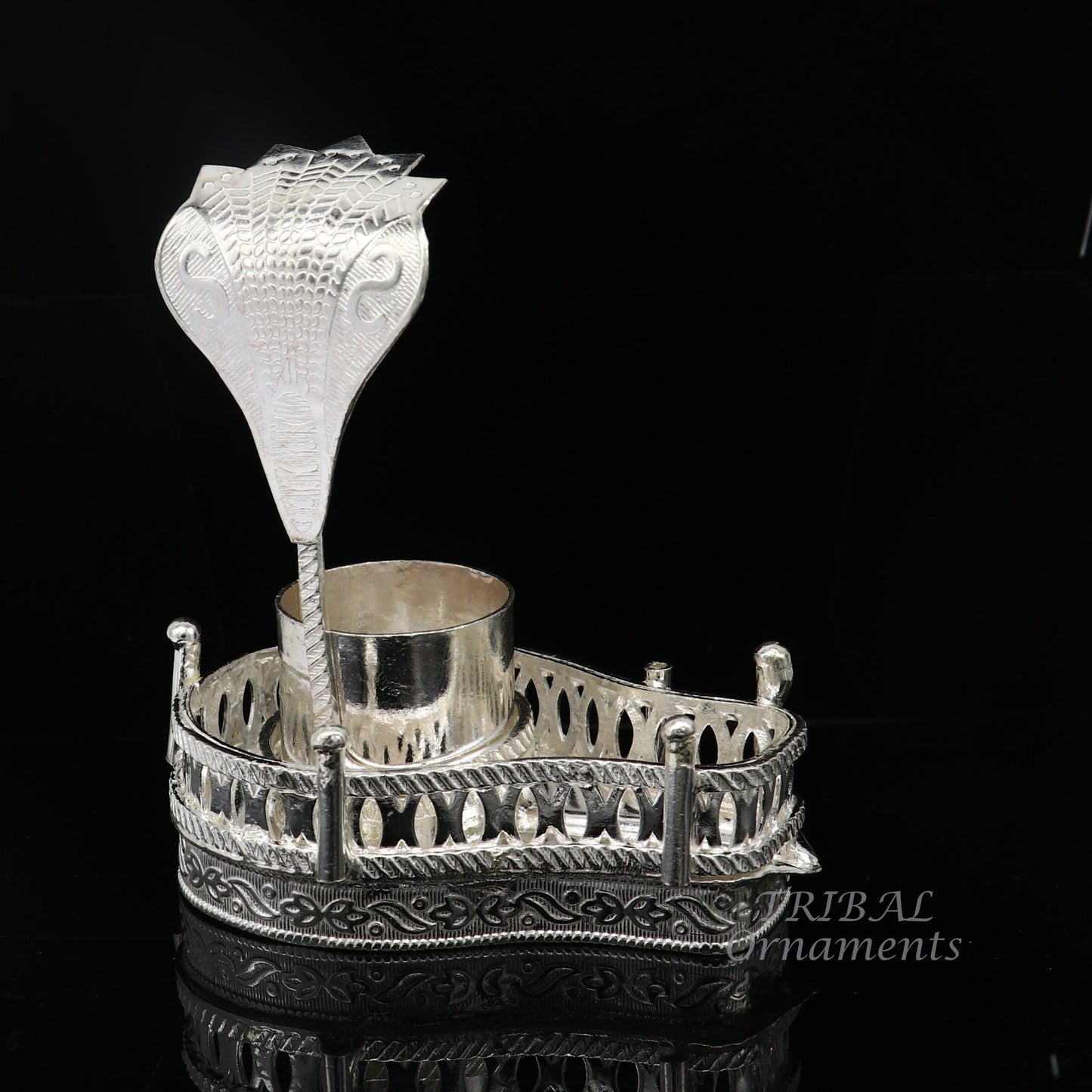 925 sterling silver handmade lord Shiva lingam stand/JAlheri with Panchmukhi snake (sheshnag) and trident Mahakal lingam stand su940 - TRIBAL ORNAMENTS
