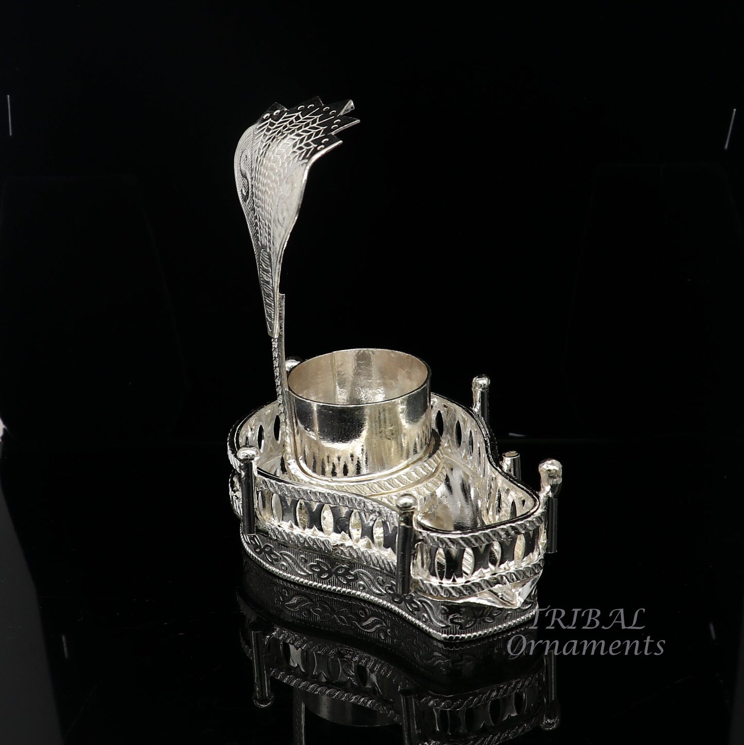 925 sterling silver handmade lord Shiva lingam stand/JAlheri with Panchmukhi snake (sheshnag) and trident Mahakal lingam stand su940 - TRIBAL ORNAMENTS