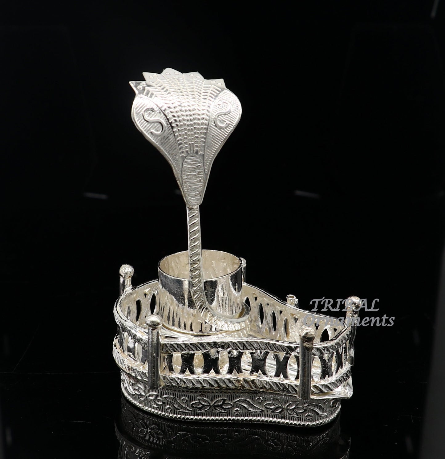 925 sterling silver handmade lord Shiva lingam stand/JAlheri with Panchmukhi snake (sheshnag) and trident Mahakal lingam stand su941 - TRIBAL ORNAMENTS
