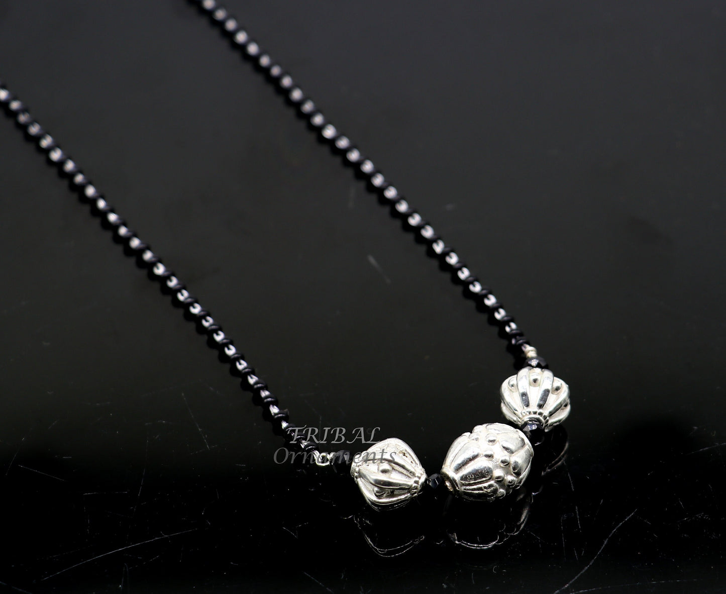 925 sterling silver black beads chain necklace with vintage Style pendant, traditional style brides Delicate necklace for girl's set504 - TRIBAL ORNAMENTS