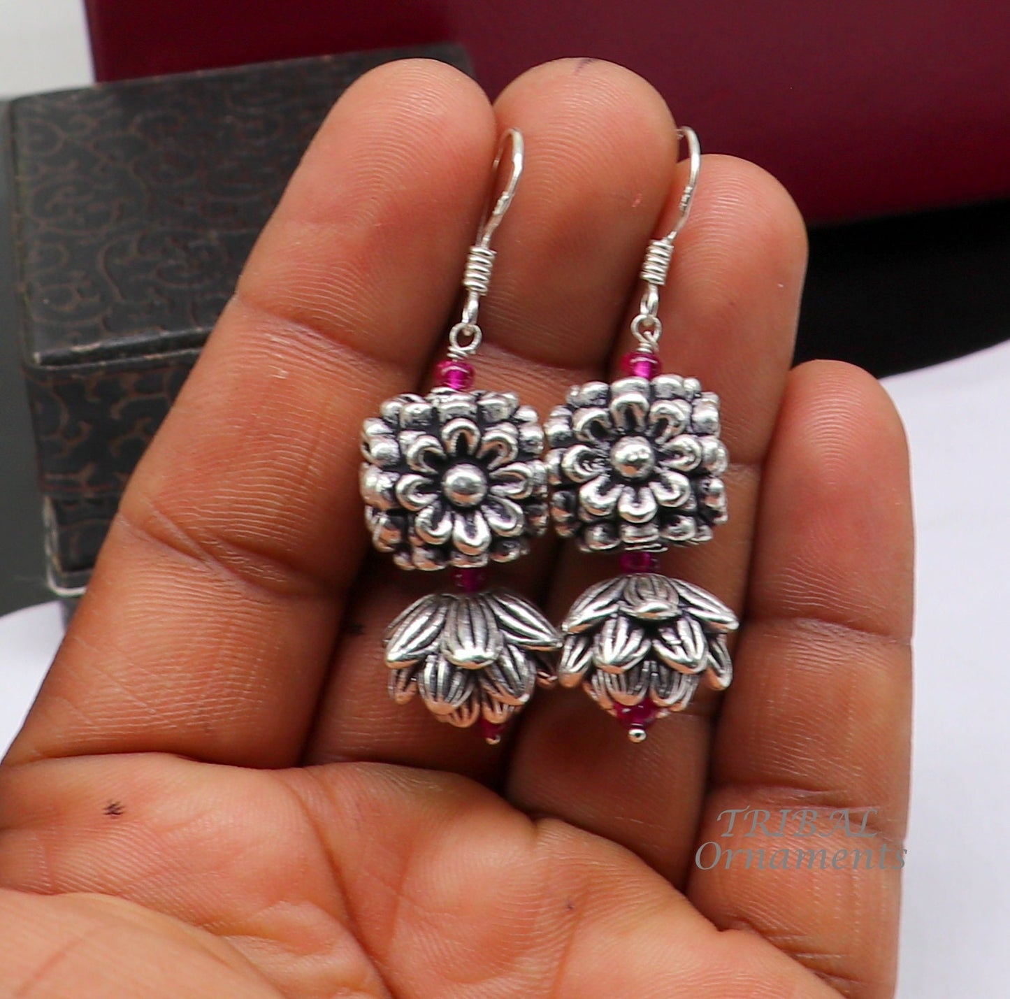 925 sterling silver hamdmade hook earrings, fabulous hanging pretty bells drop dangle earrings tribal ethnic jewelry from India s1085 - TRIBAL ORNAMENTS