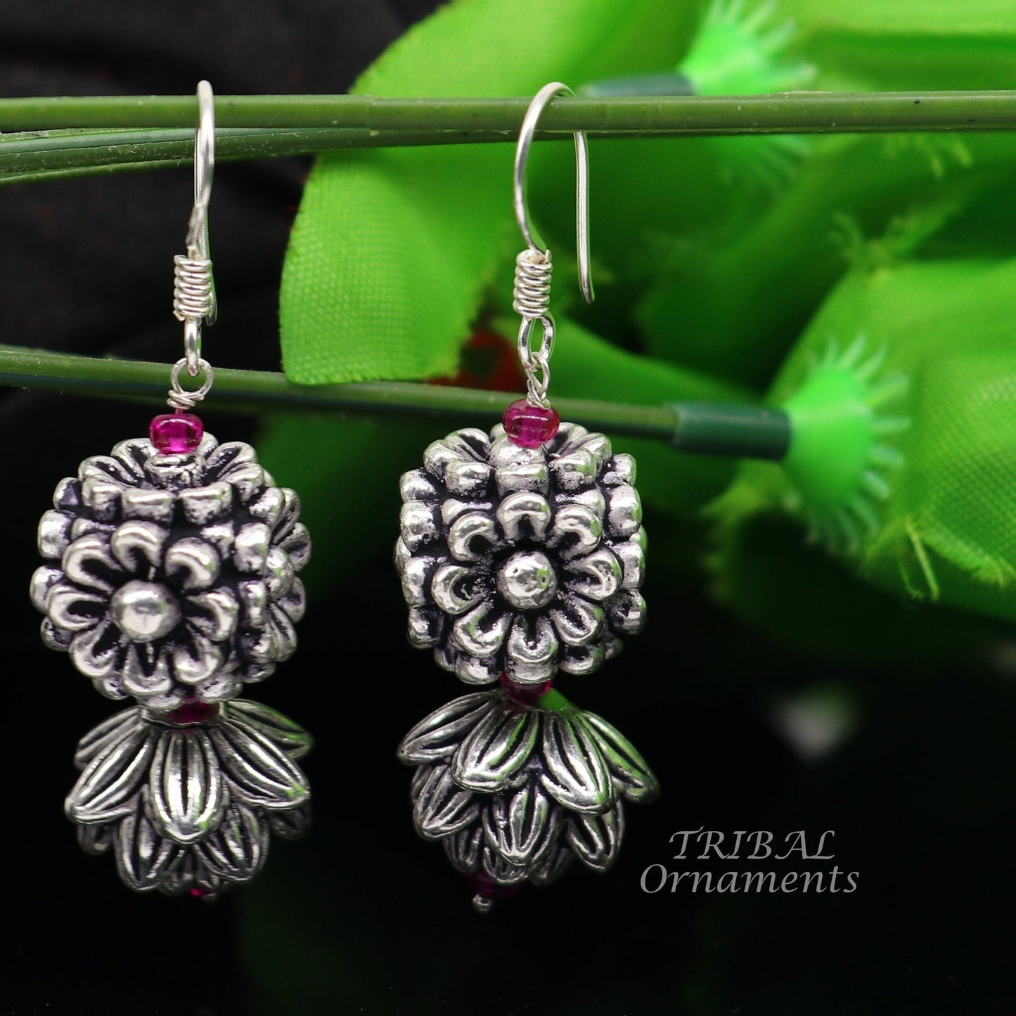 925 sterling silver hamdmade hook earrings, fabulous hanging pretty bells drop dangle earrings tribal ethnic jewelry from India s1085 - TRIBAL ORNAMENTS