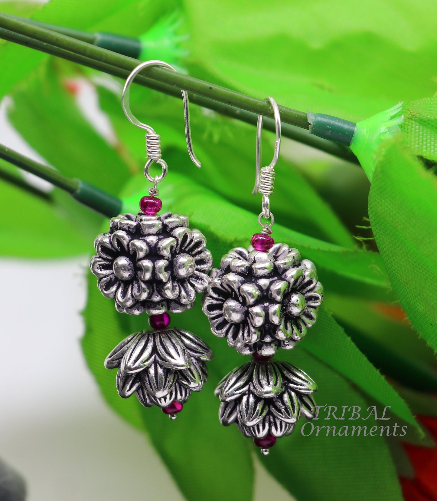 925 sterling silver hamdmade hook earrings, fabulous hanging pretty bells drop dangle earrings tribal ethnic jewelry from India s1085 - TRIBAL ORNAMENTS