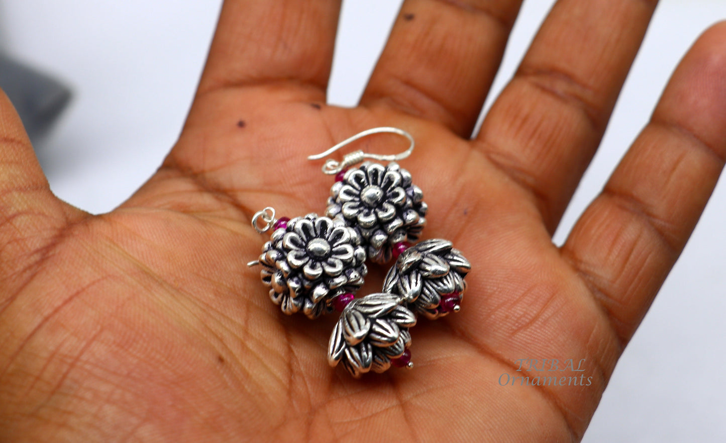 925 sterling silver hamdmade hook earrings, fabulous hanging pretty bells drop dangle earrings tribal ethnic jewelry from India s1085 - TRIBAL ORNAMENTS
