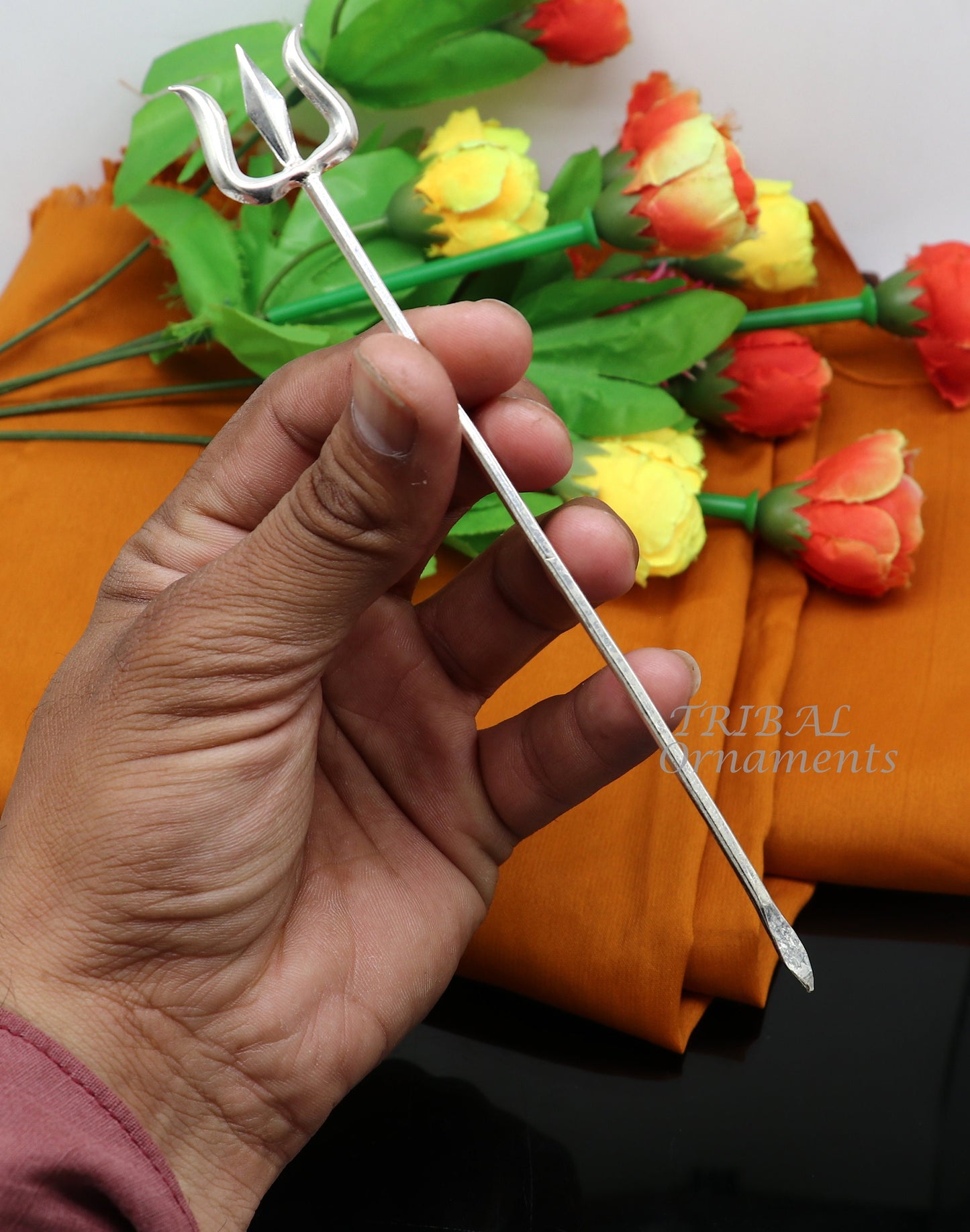6.5" Divine Lord Trident, Solid sterling silver Trishul puja article utensils, goddess trishul trident , god accessories from india su950 - TRIBAL ORNAMENTS