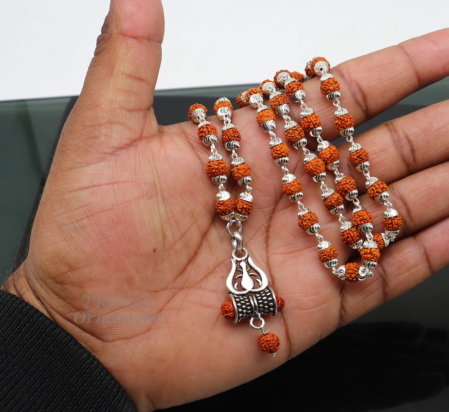 925 sterling silver natural rudraksha beads chain with pendant amazing trident pendant necklace unisex silver jewelry set496 - TRIBAL ORNAMENTS