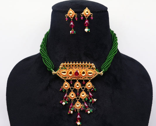 22 karat yellow gold Vintage traditional Rajputana Necklace gorgeous Rajwadi poshak necklace wedding jewelry  set92 - TRIBAL ORNAMENTS