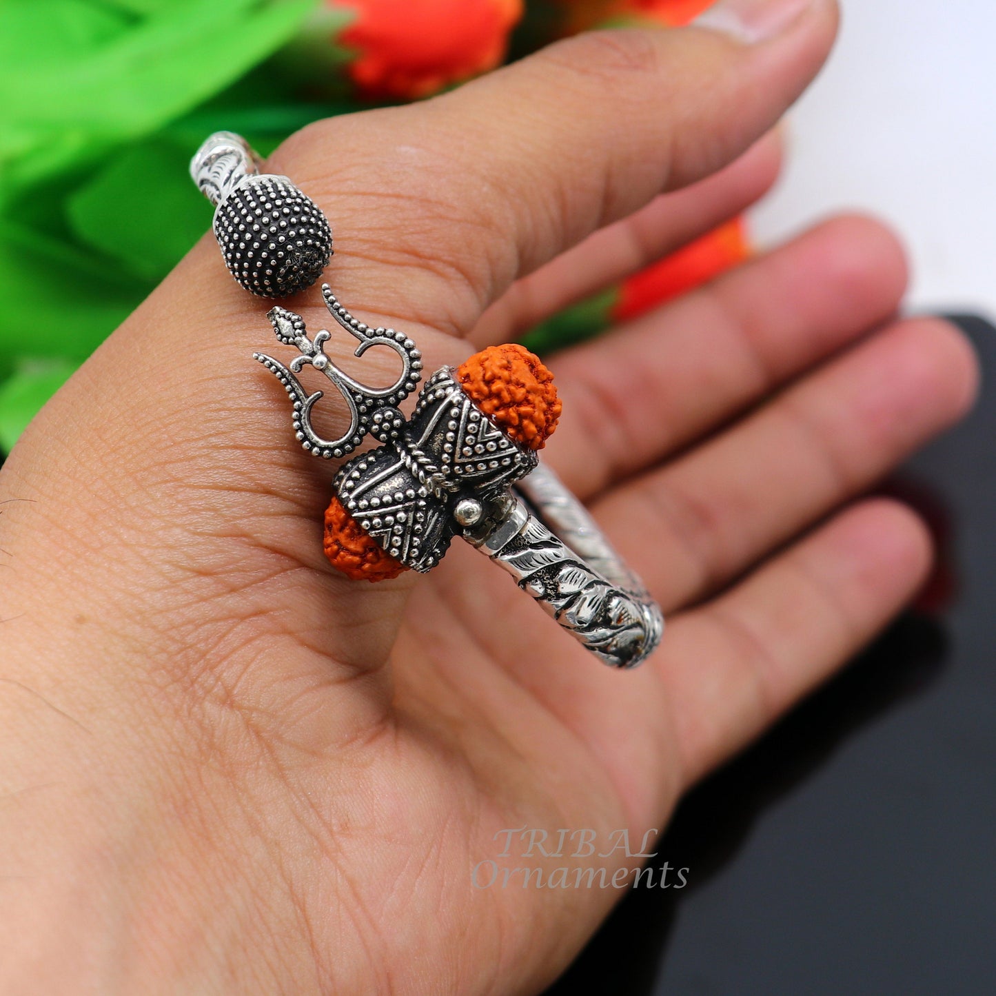 925 Sterling silver handmade chitai work Lord Shiva trident trishul kada bangle bracelet with natural Rudraksha customized kada nsk566 - TRIBAL ORNAMENTS
