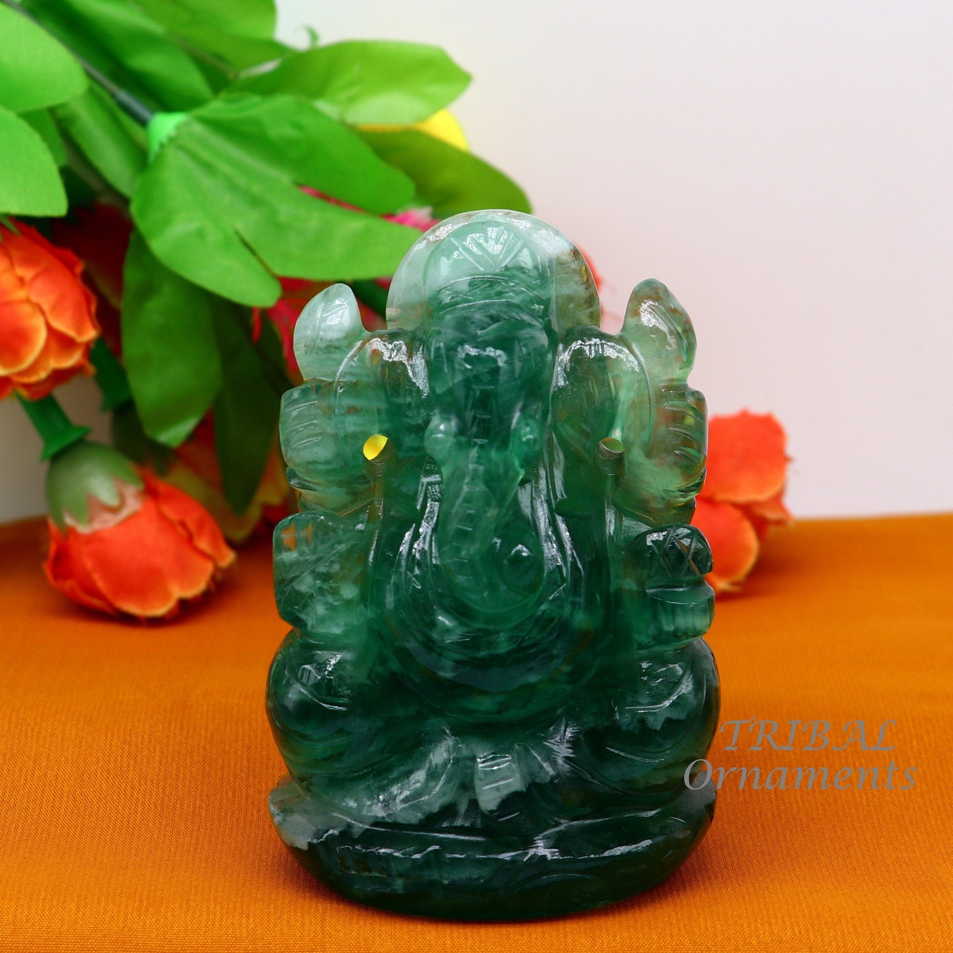 Lord Ganesha handcrafted Natural Fluorite stone statue, figurine, home temple God Ganesha stone sculpture for wealth and prosperity stna02 - TRIBAL ORNAMENTS