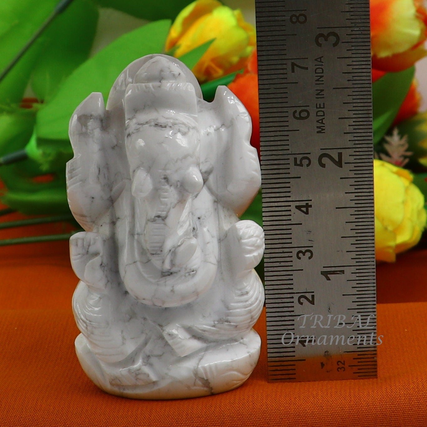 Idol Ganesha handcrafted Natural howlite stone statue figurine, home temple God Ganesha stone sculpture for wealth and prosperity stna04 - TRIBAL ORNAMENTS