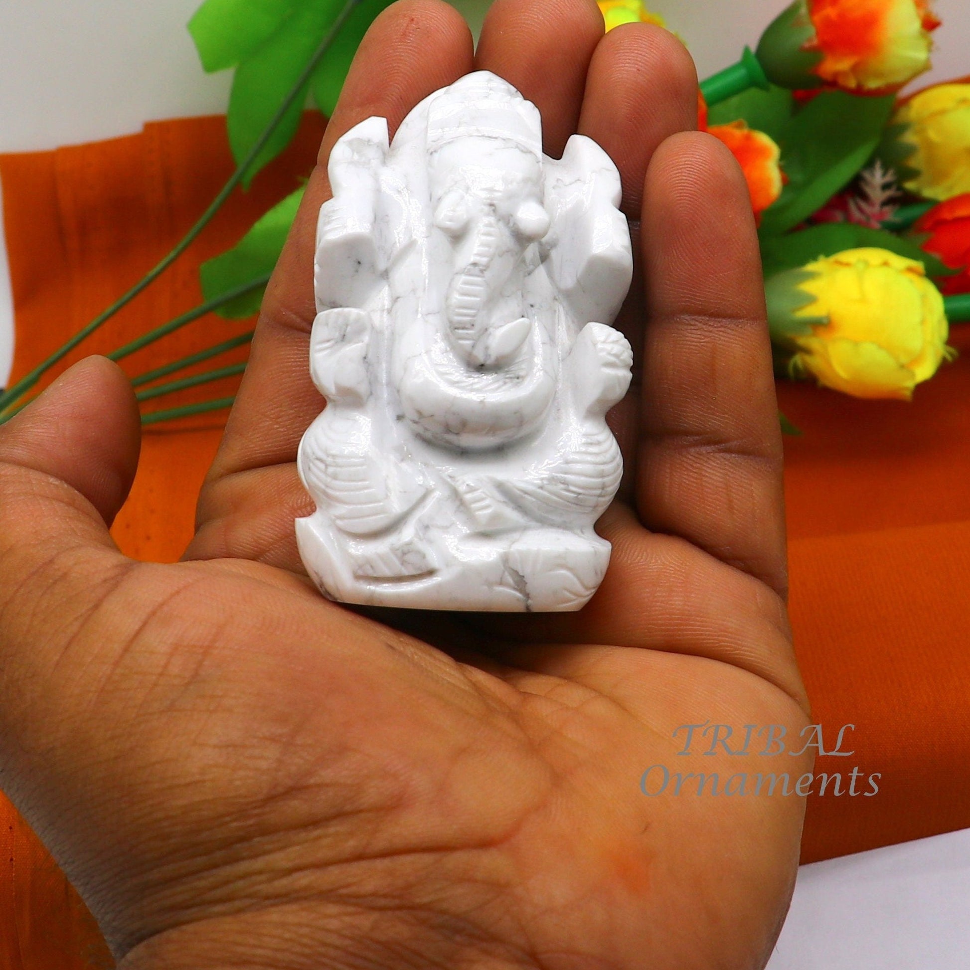 Idol Ganesha handcrafted Natural howlite stone statue figurine, home temple God Ganesha stone sculpture for wealth and prosperity stna04 - TRIBAL ORNAMENTS