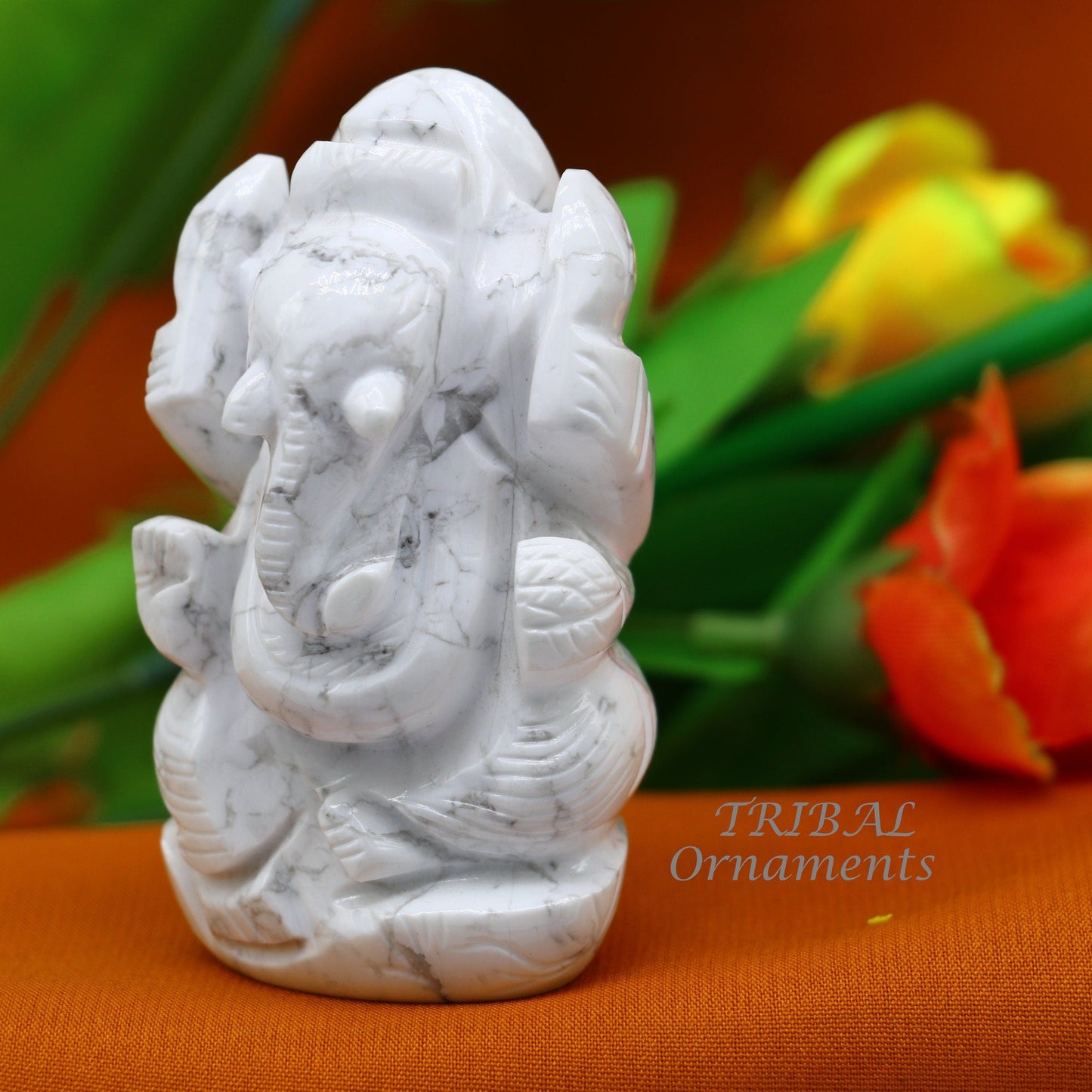 Idol Ganesha handcrafted Natural howlite stone statue figurine, home temple God Ganesha stone sculpture for wealth and prosperity stna04 - TRIBAL ORNAMENTS