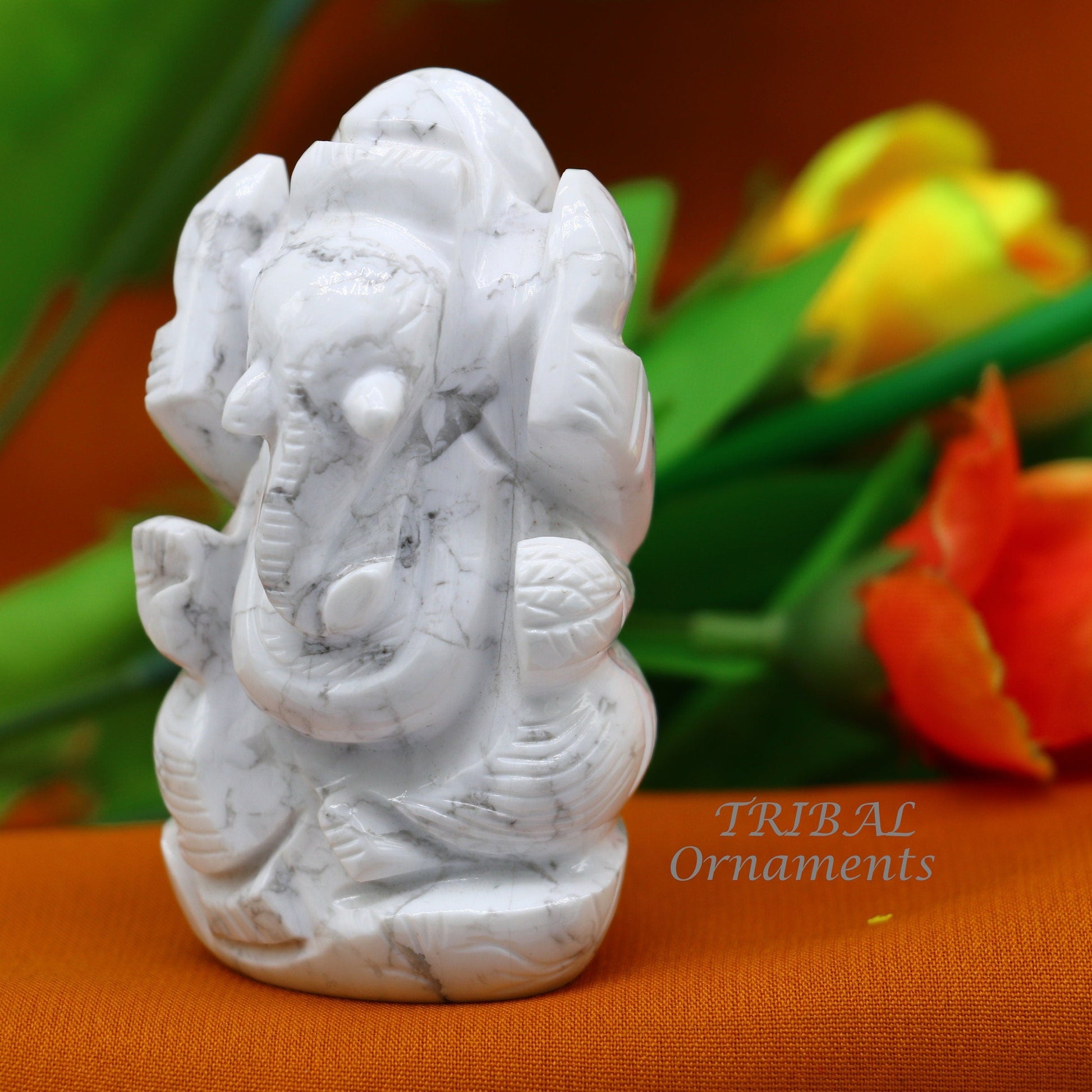 Idol Ganesha handcrafted Natural howlite stone statue figurine, home temple God Ganesha stone sculpture for wealth and prosperity stna04 - TRIBAL ORNAMENTS