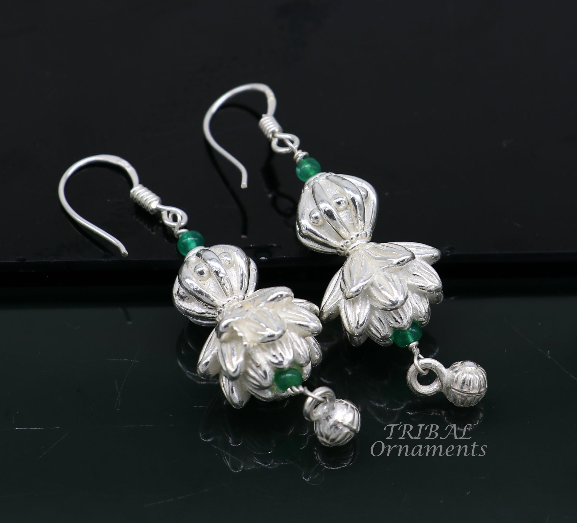 925 sterling silver handmade white finish hook earrings, fabulous hanging drop dangle earrings tribal ethnic jewelry from India s1087 - TRIBAL ORNAMENTS