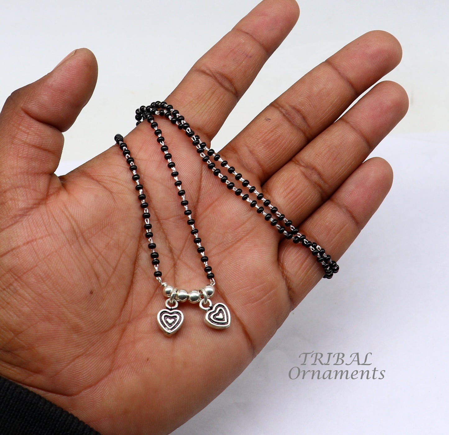 925 sterling silver black beads chain necklace, vintage south indian Style pendant, traditional style brides Mangalsutra necklace set505 - TRIBAL ORNAMENTS