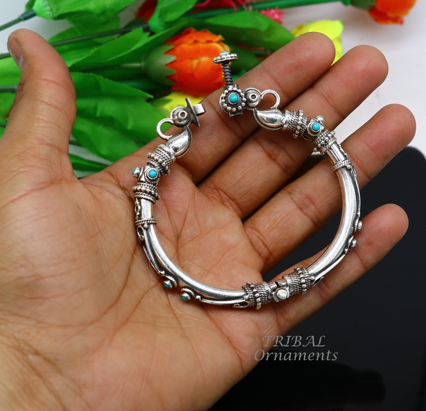 925 Sterling silver handmade vintage peacock design turquoise stone studded tribal ethnic belly dance bangle bracelet gifting kada nsk591 - TRIBAL ORNAMENTS