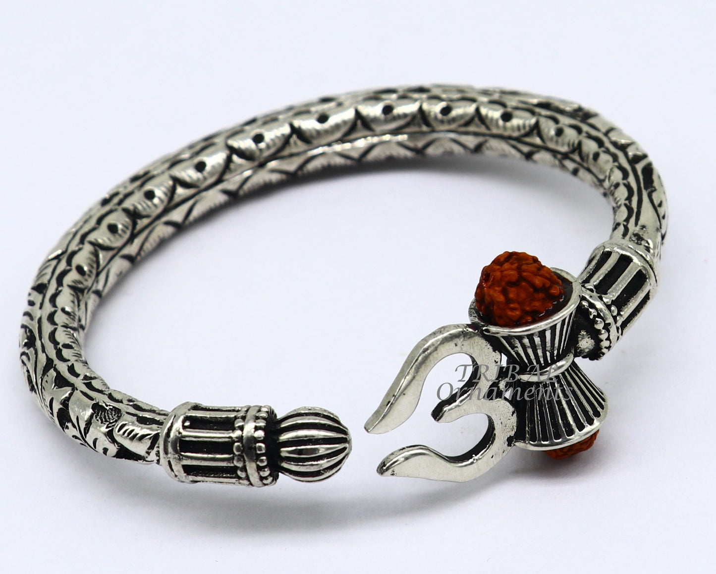 925 Sterling silver handmade chitai work Lord Shiva trident trishul kada bangle bracelet with natural Rudraksha customized kada nsk593 - TRIBAL ORNAMENTS