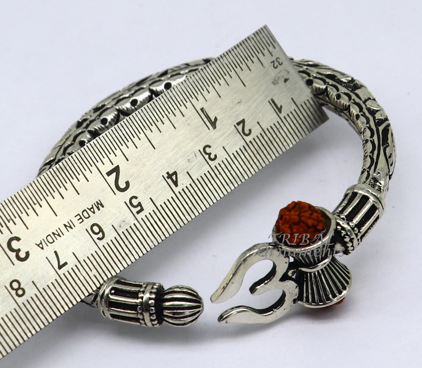 925 Sterling silver handmade chitai work Lord Shiva trident trishul kada bangle bracelet with natural Rudraksha customized kada nsk593 - TRIBAL ORNAMENTS