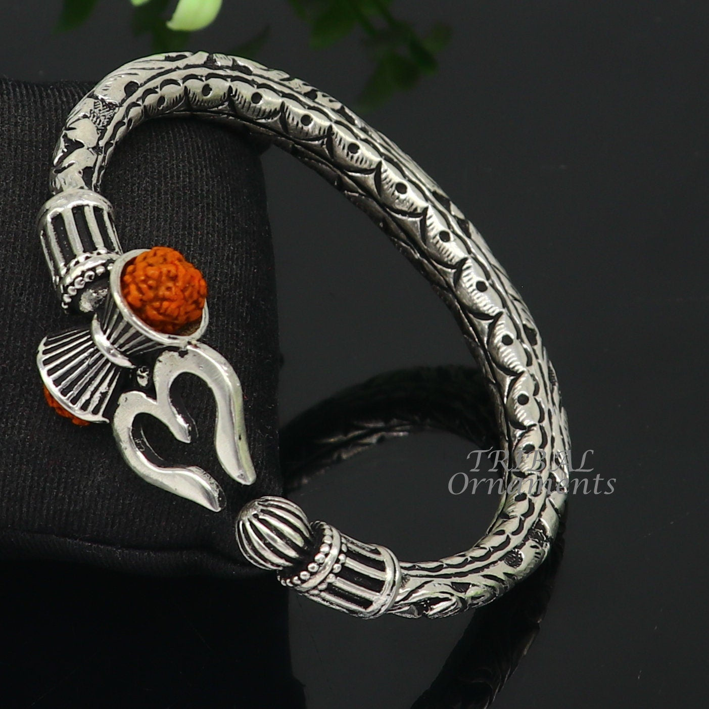 925 Sterling silver handmade chitai work Lord Shiva trident trishul kada bangle bracelet with natural Rudraksha customized kada nsk593 - TRIBAL ORNAMENTS