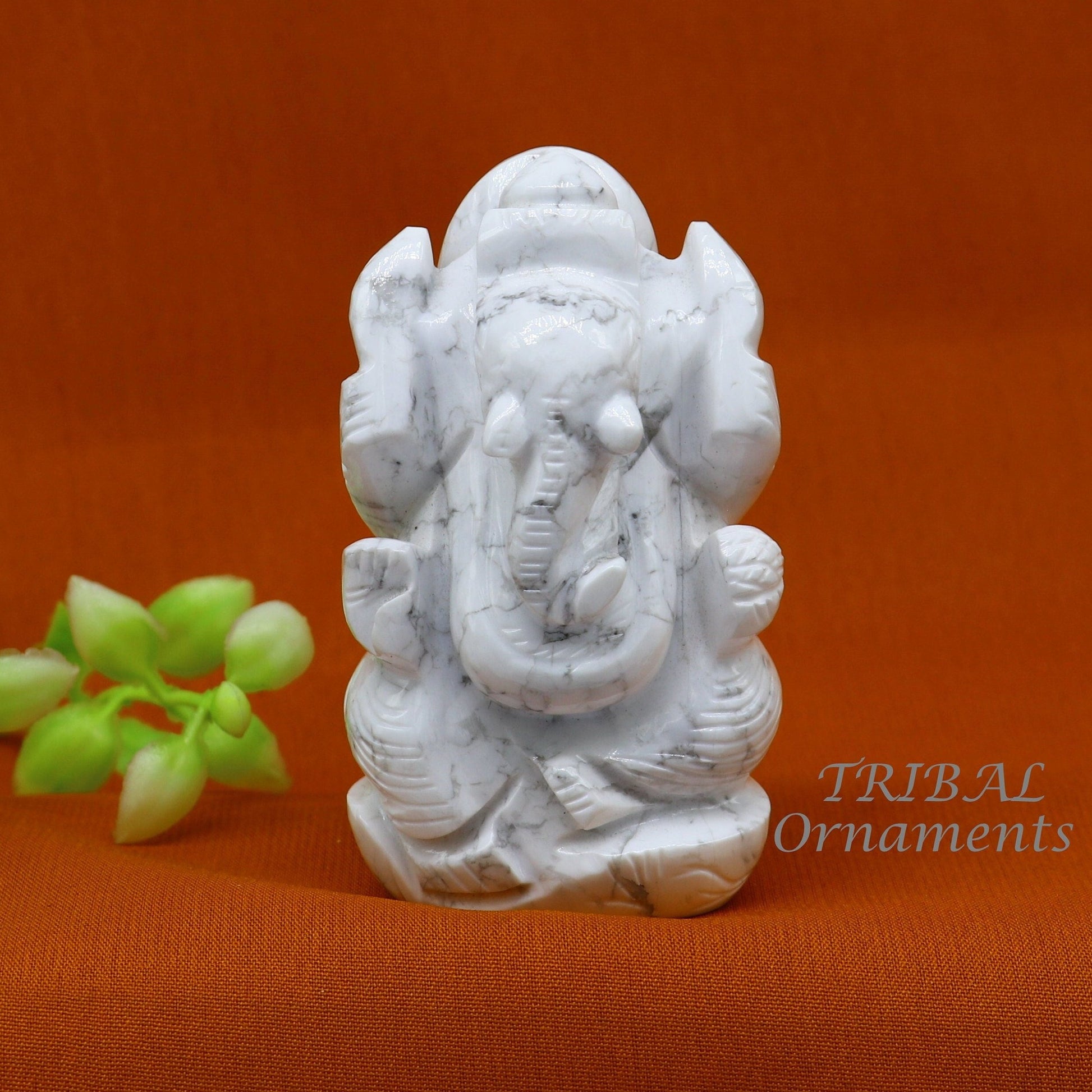 Idol Ganesha handcrafted Natural howlite stone statue figurine, home temple God Ganesha stone sculpture for wealth and prosperity stna04 - TRIBAL ORNAMENTS