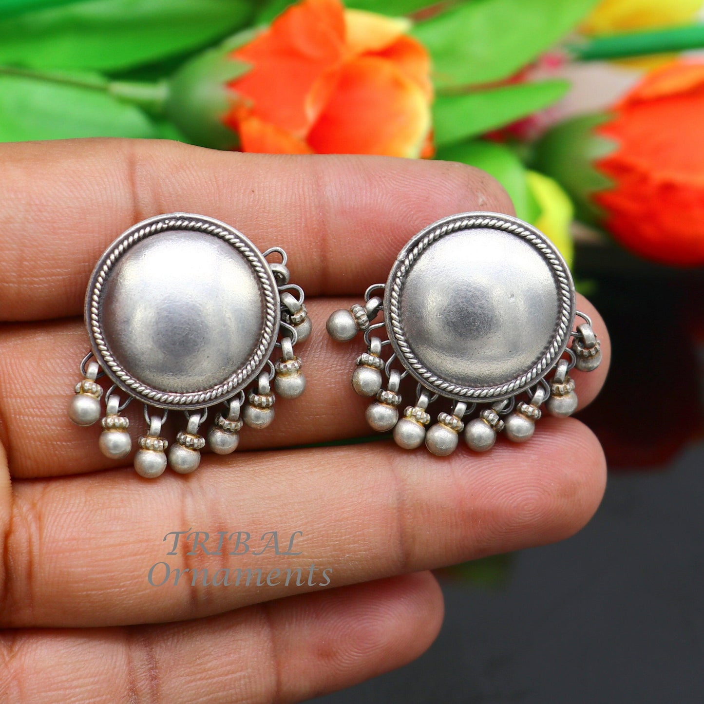 Vintage design 925 sterling silver plain style handmade round design fabulous Stud earrings tribal jewelry from Rajasthan india s1103 - TRIBAL ORNAMENTS