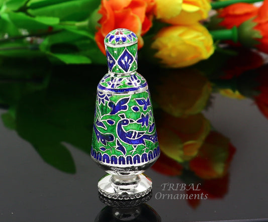 925 sterling silver handmade Sindoor box, Kumkum box/ trinket box brides enamel (meenakari) jewelry collection from Rajasthan india stb719 - TRIBAL ORNAMENTS