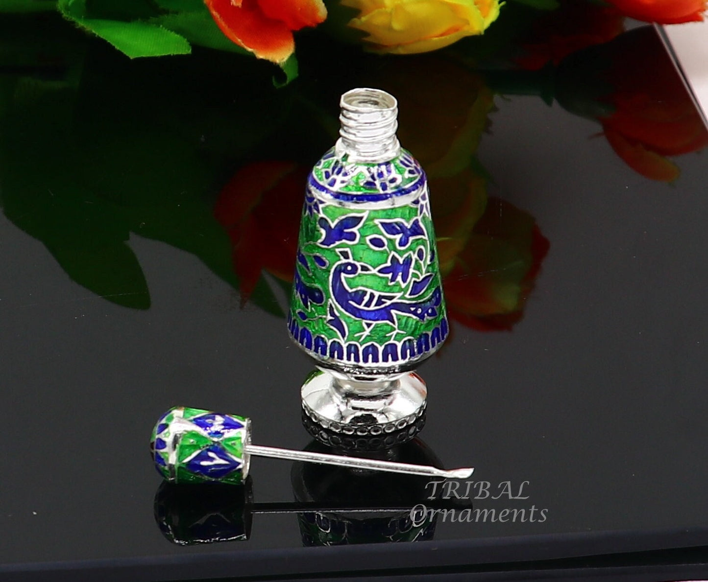 925 sterling silver handmade Sindoor box, Kumkum box/ trinket box brides enamel (meenakari) jewelry collection from Rajasthan india stb719 - TRIBAL ORNAMENTS