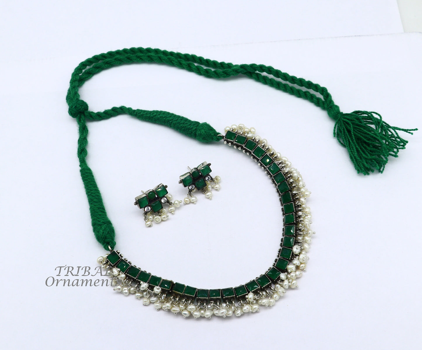 925 sterling silver customized guttapusalu necklace set amazing green stone and hanging pearl ethnic tribal brides jewelry set512 - TRIBAL ORNAMENTS