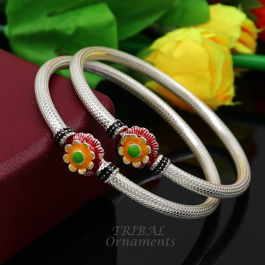 Exclusive flower design handmade Sterling silver bangle bracelet, amazing ethic stylish bangle bracelet kada pair from india nba348 - TRIBAL ORNAMENTS