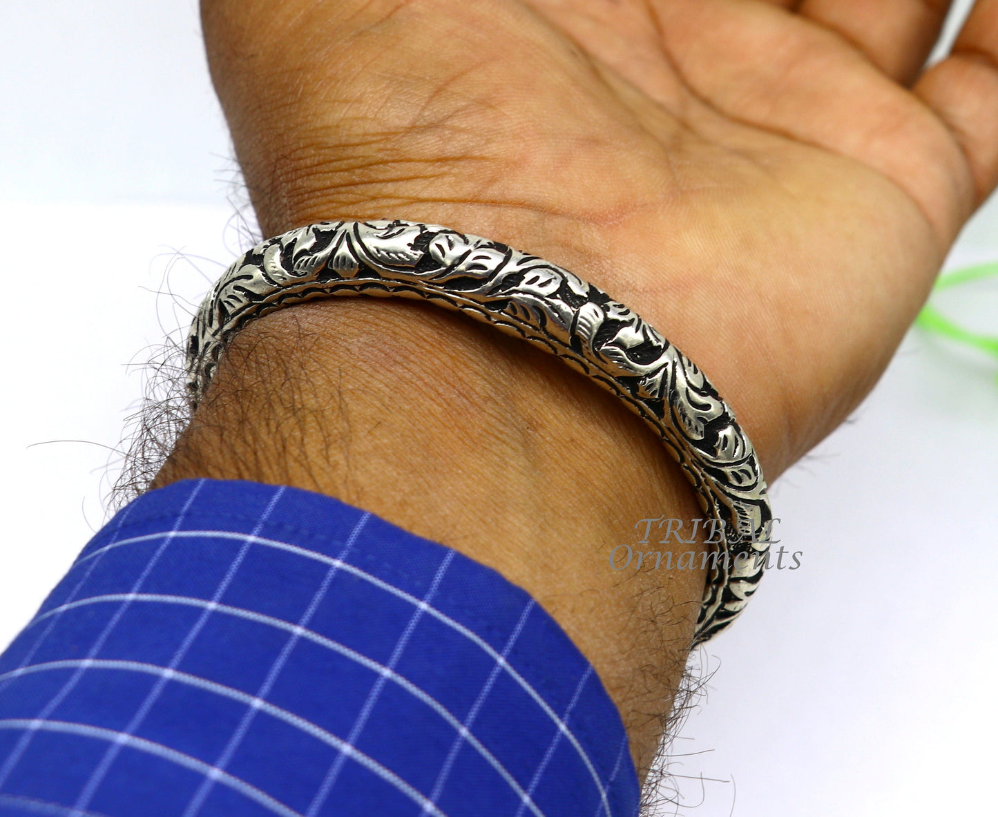925 Sterling silver handmade chitai work Lord Shiva trident trishul kada bangle bracelet with natural Rudraksha customized kada nsk593 - TRIBAL ORNAMENTS